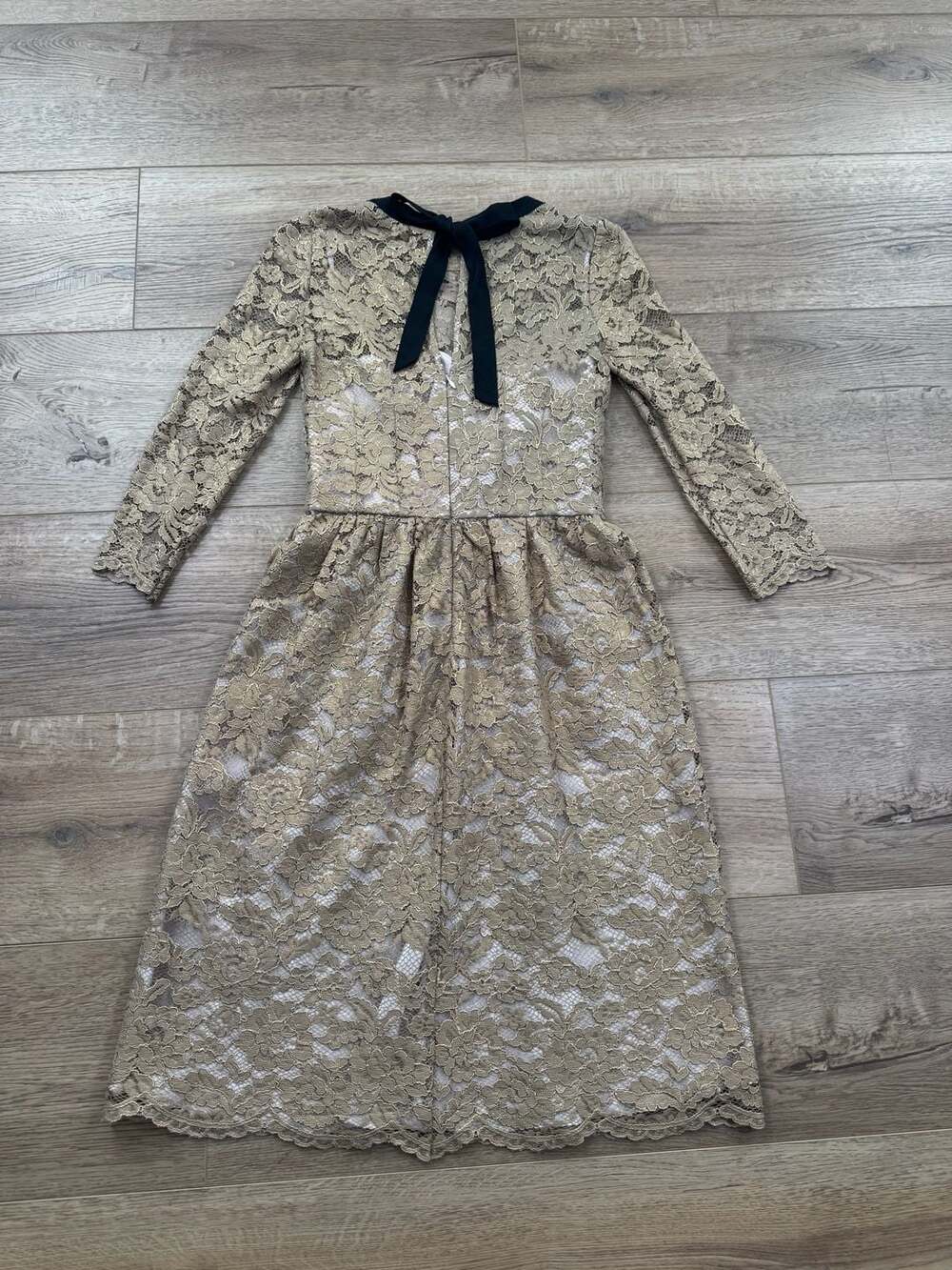 Boden Gold Metallic Lace Long Sleeve Midi Dress with Back Bow - Picture 13 of 16